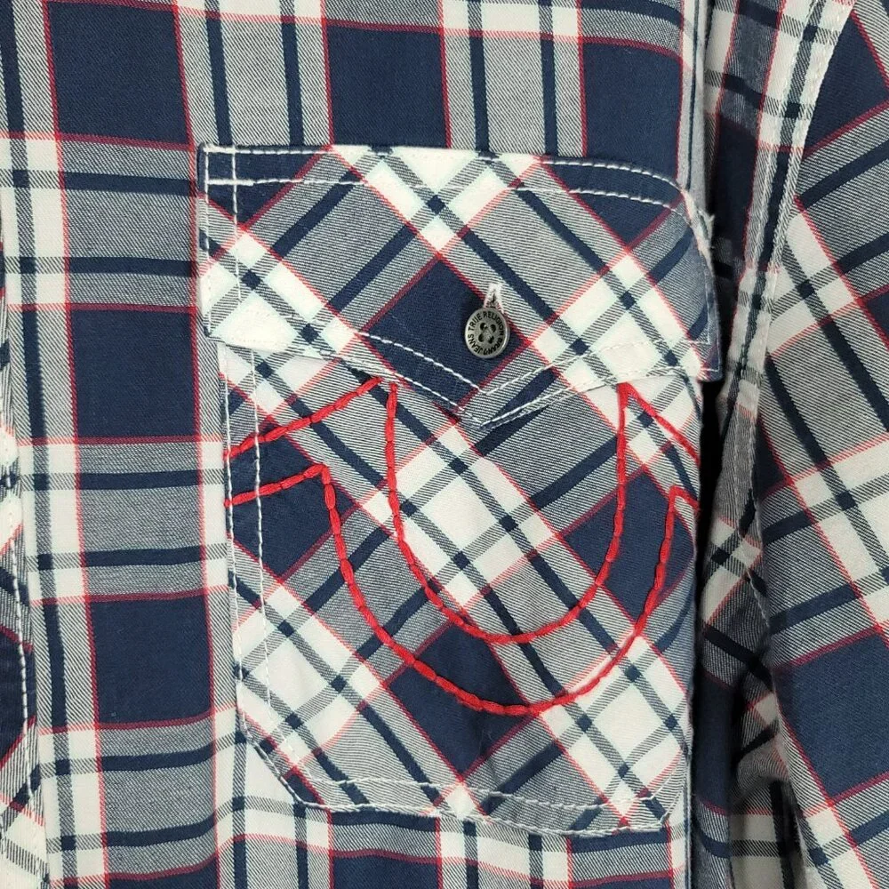 True Religion Plaid Western Shirt 3XL Blue Button Down Logo Pockets